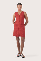 Front view of the Isla Linen Dress Red showcasing its silhouette and relaxed fit