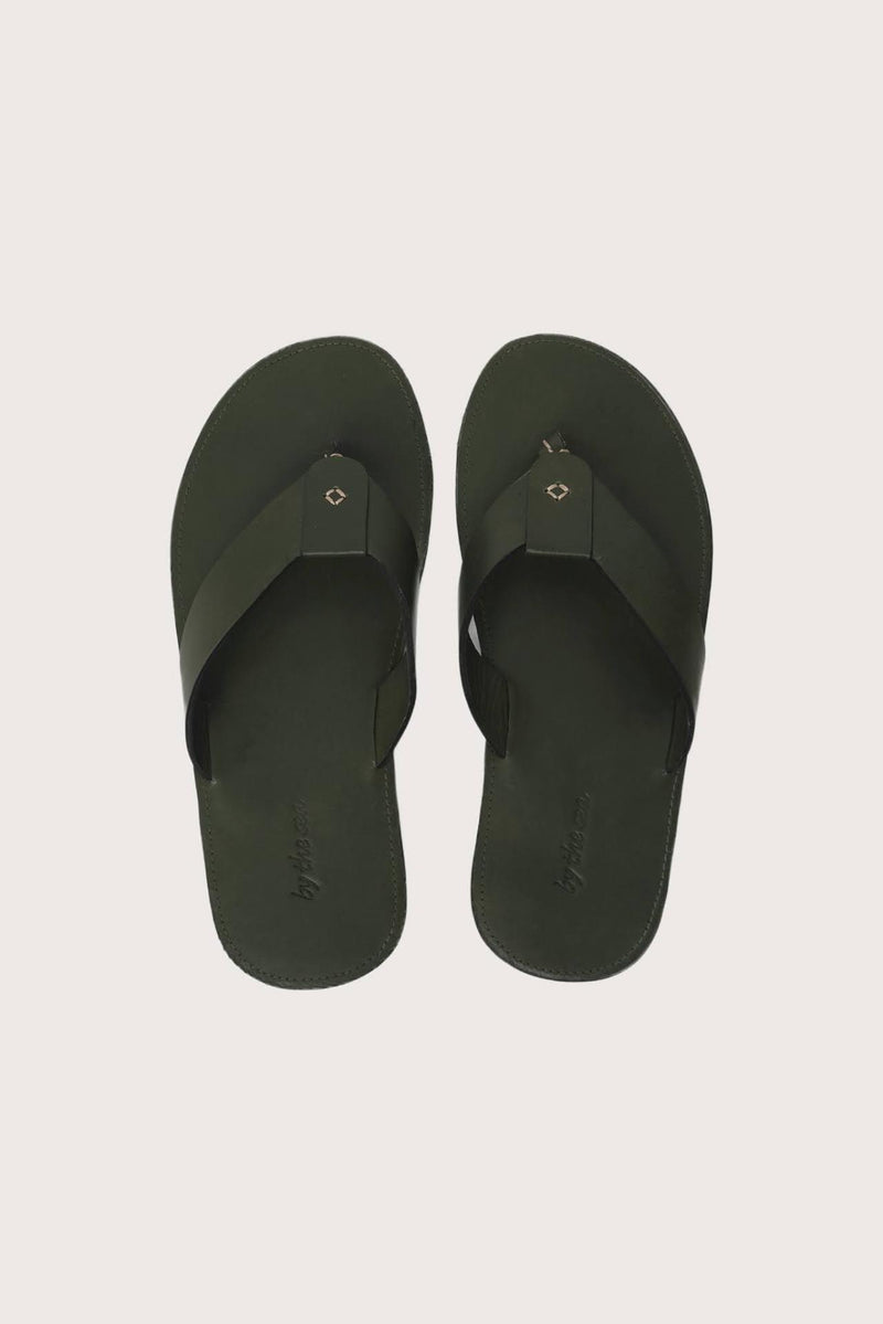 Jaco sandal in forest green shown in a global view highlighting its full silhouette and refined resort design