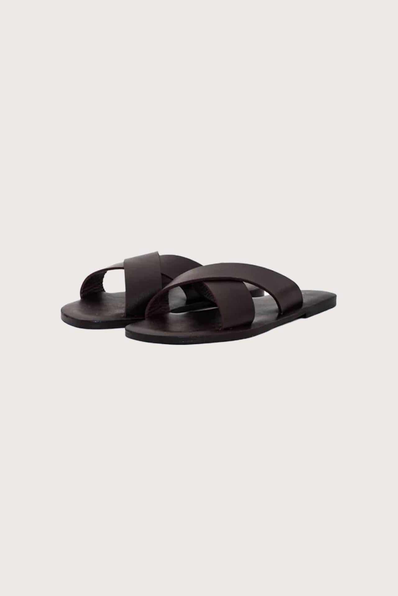 Jey sandal in cioccolato fondente front view showcasing elegant straps and minimalist resort aesthetic