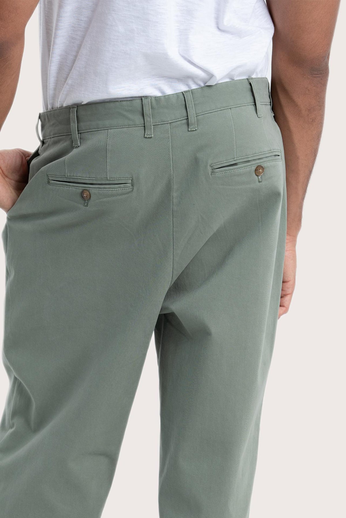 Detailed back view highlighting the finishing of the grey green Joey Pant