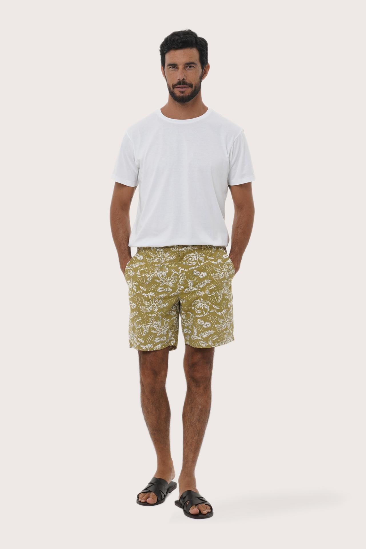 By The Sea Bali Juan Bermuda Shorts in Summer in Island Army — tailored tropical-print shorts for easy summer days