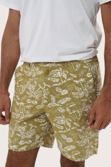 Side view of the Juan Bermuda Shorts in Summer in Island Army with waistband detail by By The Sea Bali