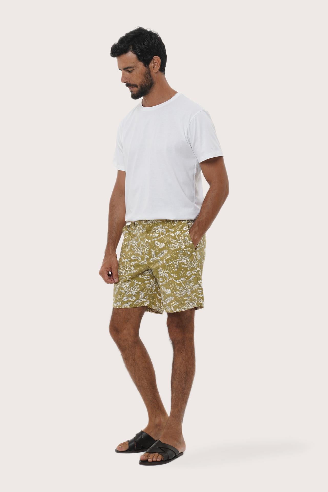 Front view of the Juan Bermuda Shorts in Summer in Island Army print by By The Sea Bali