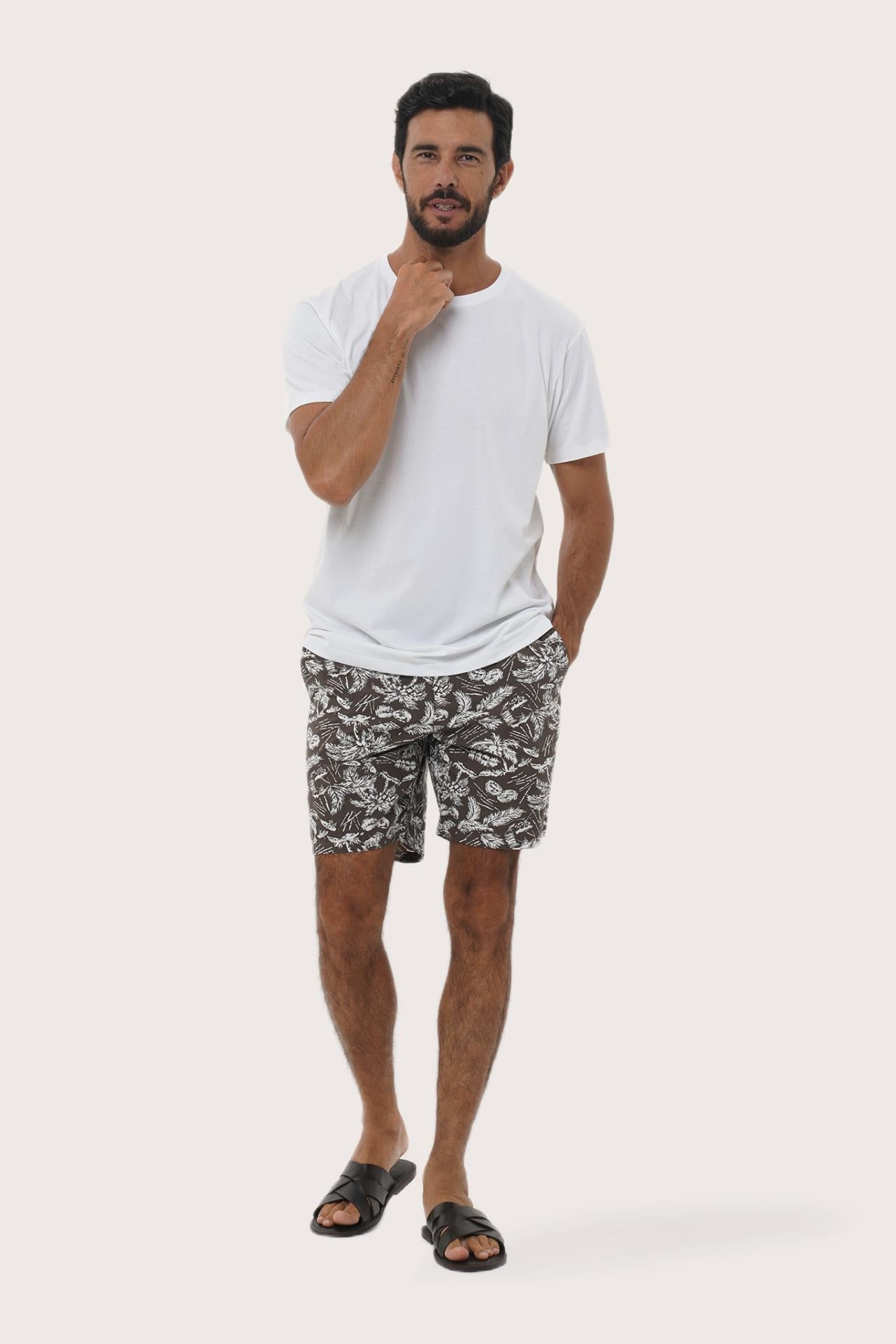 By The Sea Bali Juan Bermuda Shorts in Summer in Island Brown — tailored tropical-print shorts for easy summer days