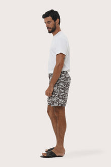 Front view of the Juan Bermuda Shorts in Summer in Island Brown print by By The Sea Bali