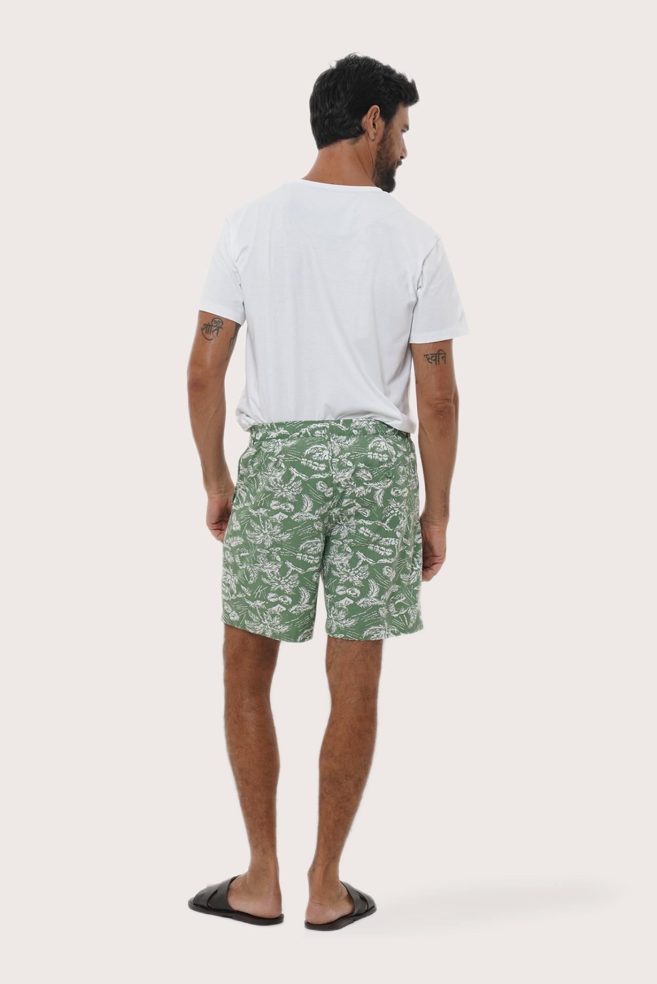 Close-up of the Summer in Island print on the Sage Juan Bermuda Shorts by By The Sea Bali