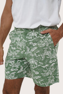 Side view of the Juan Bermuda Shorts in Summer in Island Sage with waistband detail by By The Sea Bali