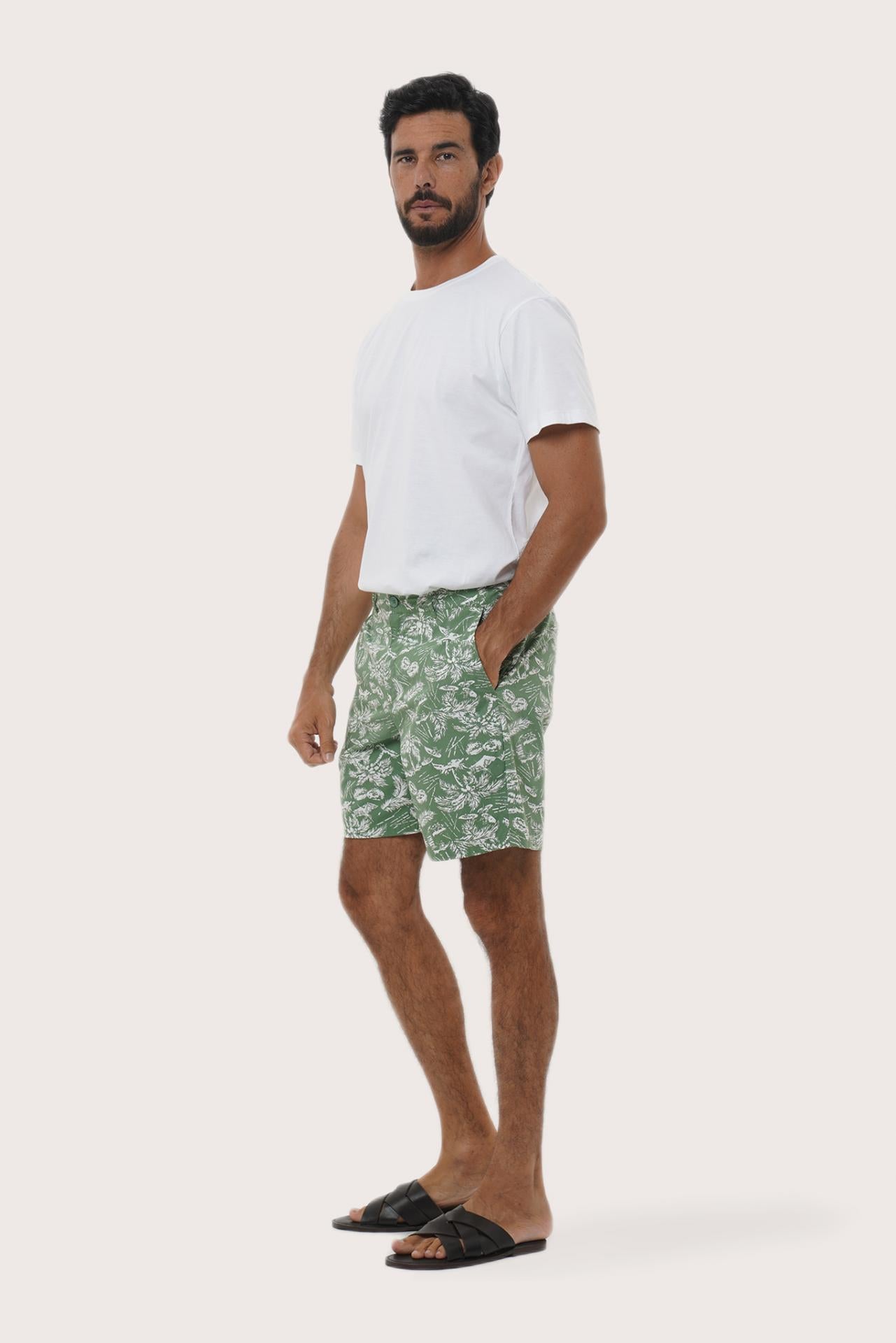 Front view of the Juan Bermuda Shorts in Summer in Island Sage print by By The Sea Bali
