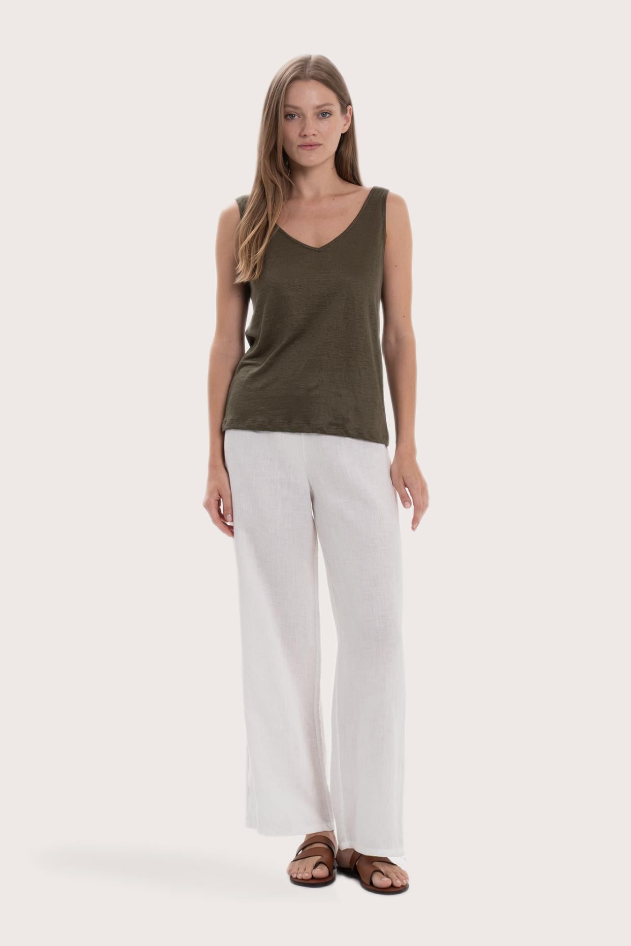 By The Sea Bali Kallu Linen Tanktop in Army with a relaxed and sophisticated silhouette