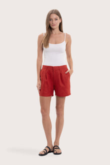 Karmen Bermuda Linen in Red with a relaxed and sophisticated silhouette by By The Sea Bali