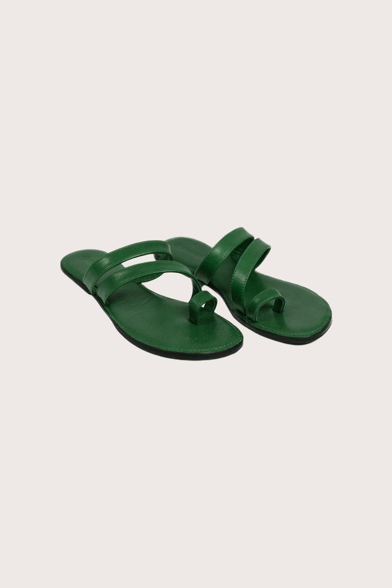 Kawula sandal in forest green front view showcasing elegant straps and minimalist resort aesthetic