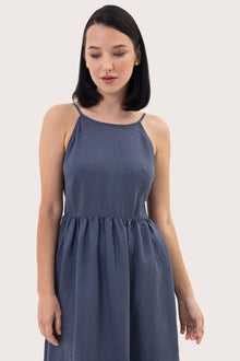 Close up detail of the Kei Linen Breeze Midi Dress Indigo highlighting craftsmanship and design features