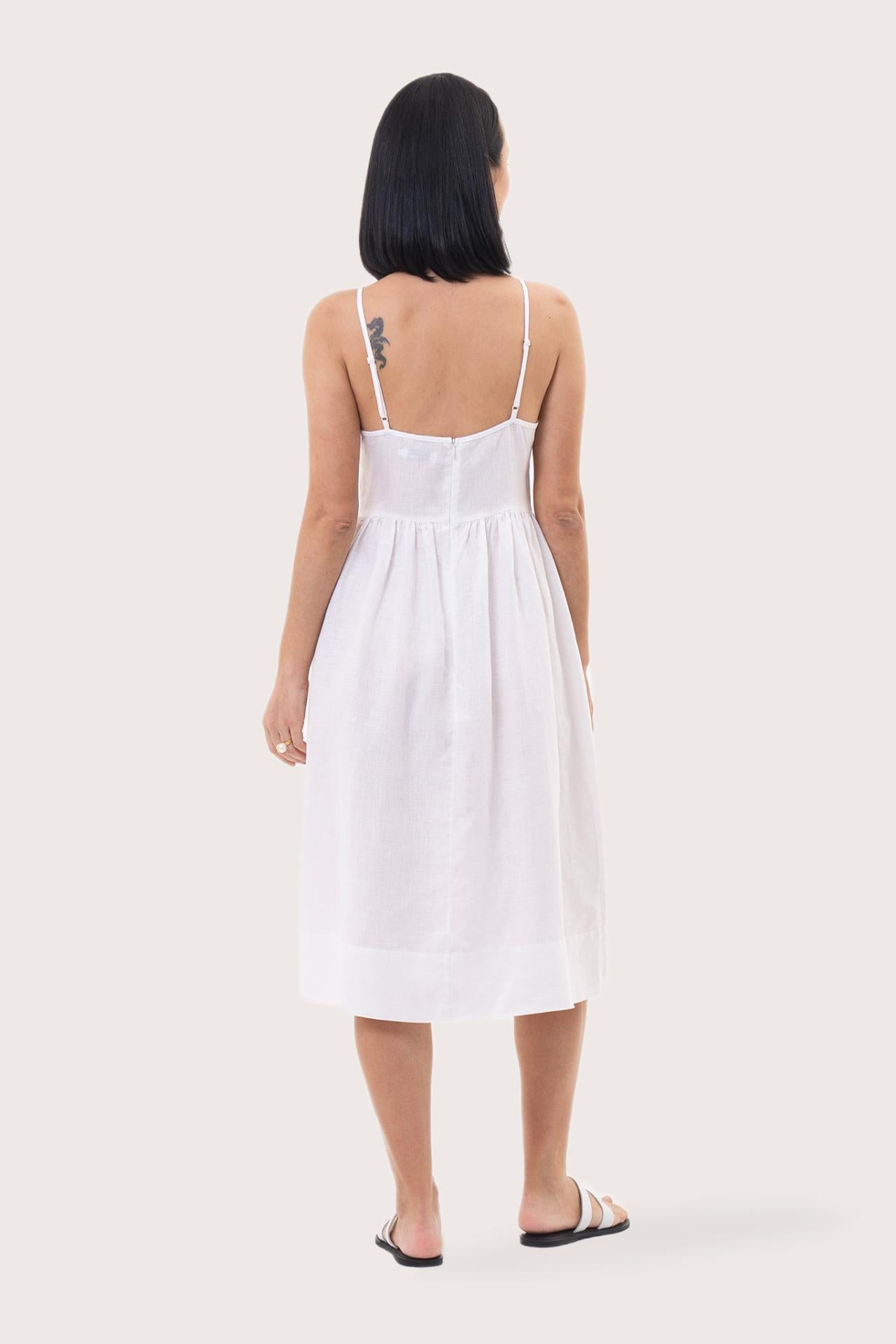 Back view of the Kei Linen Breeze Midi Dress White highlighting the garment shape and drape
