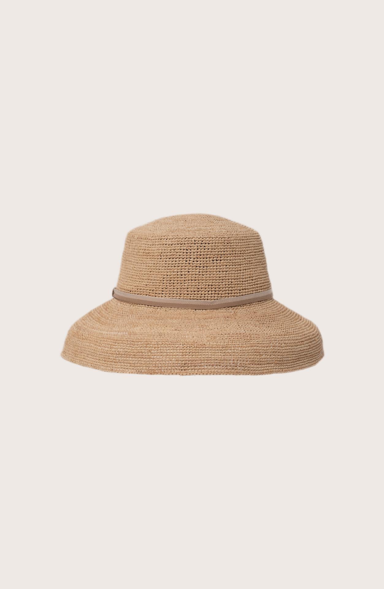 Back view of the natural straw Keira hat featuring an elegant creme ribbon