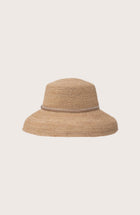 Back view of the natural straw Keira hat featuring an elegant creme ribbon