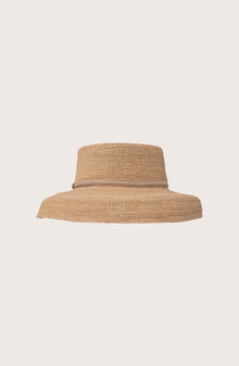 Side profile of the natural straw Keira hat showcasing its classic wide-brim silhouette