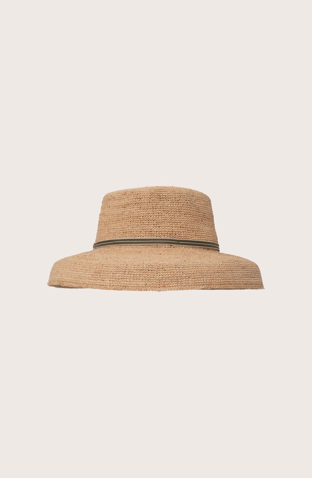 Back view of the natural straw Keira hat featuring an elegant green ribbon