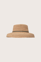 Back view of the natural straw Keira hat featuring an elegant green ribbon
