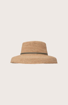 Back view of the natural straw Keira hat featuring an elegant green ribbon