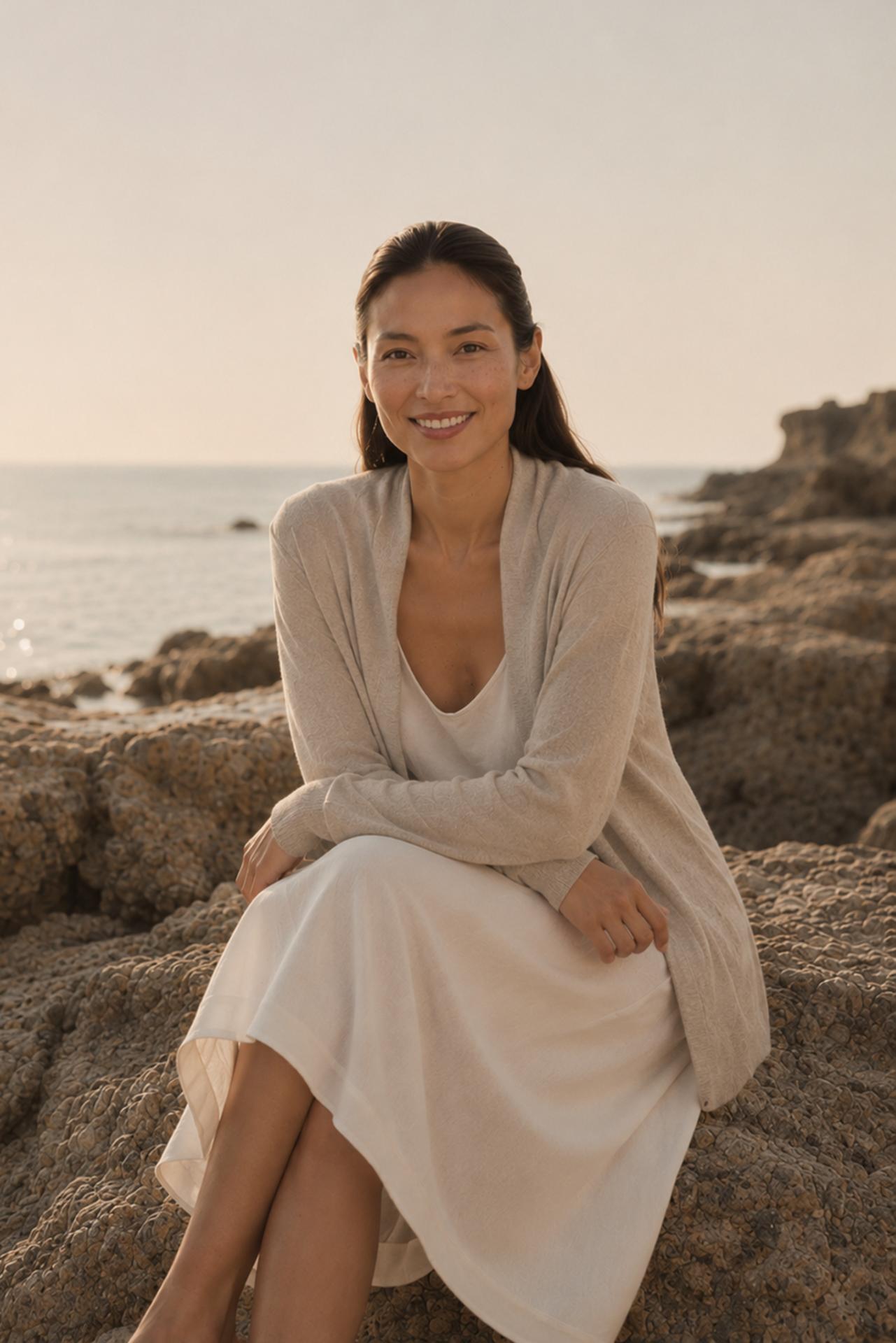 Beige cashmere Klarr outerwear in a tropical resort setting by By The Sea Bali
