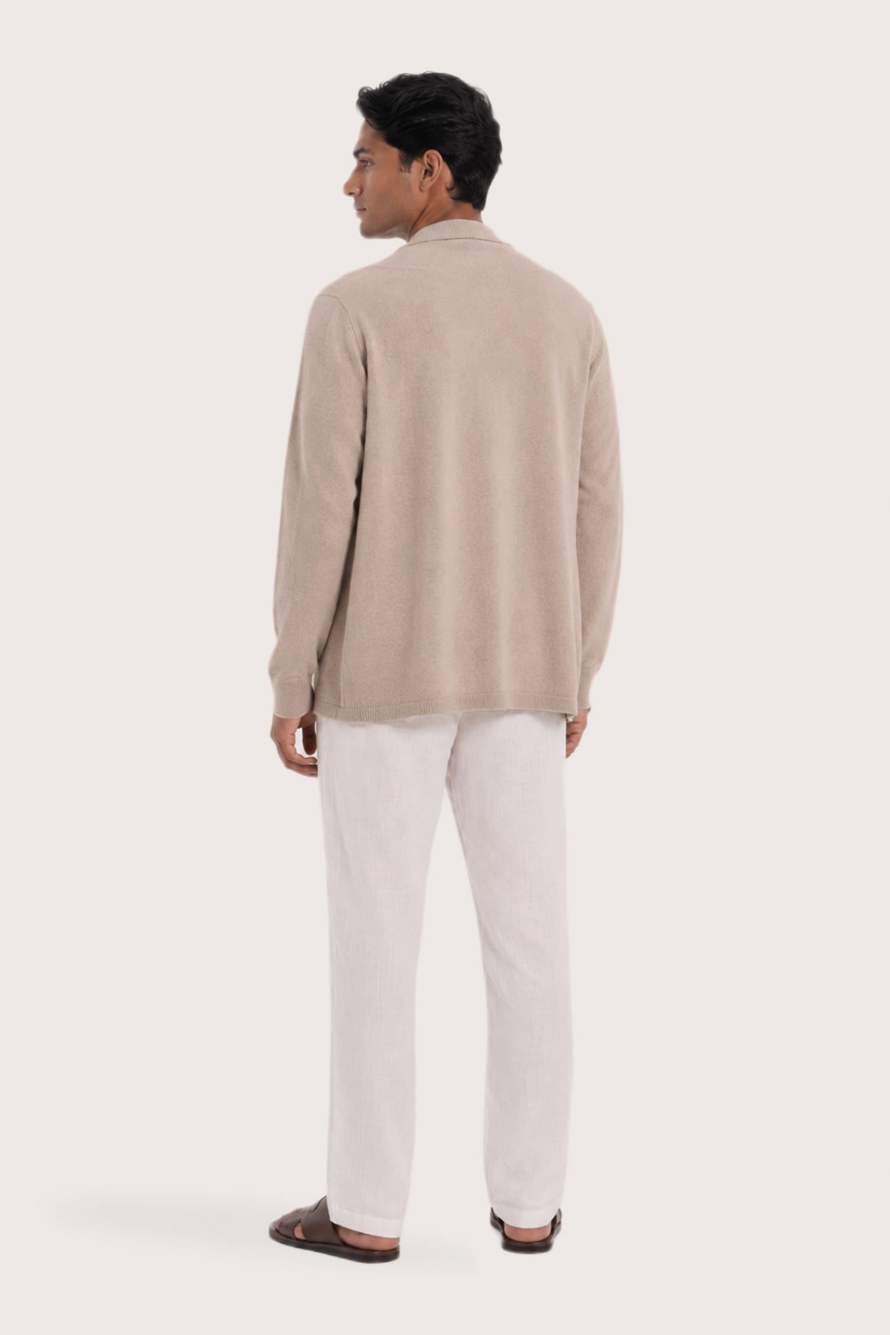 Back view of a man wearing the beige cashmere Klarr outerwear