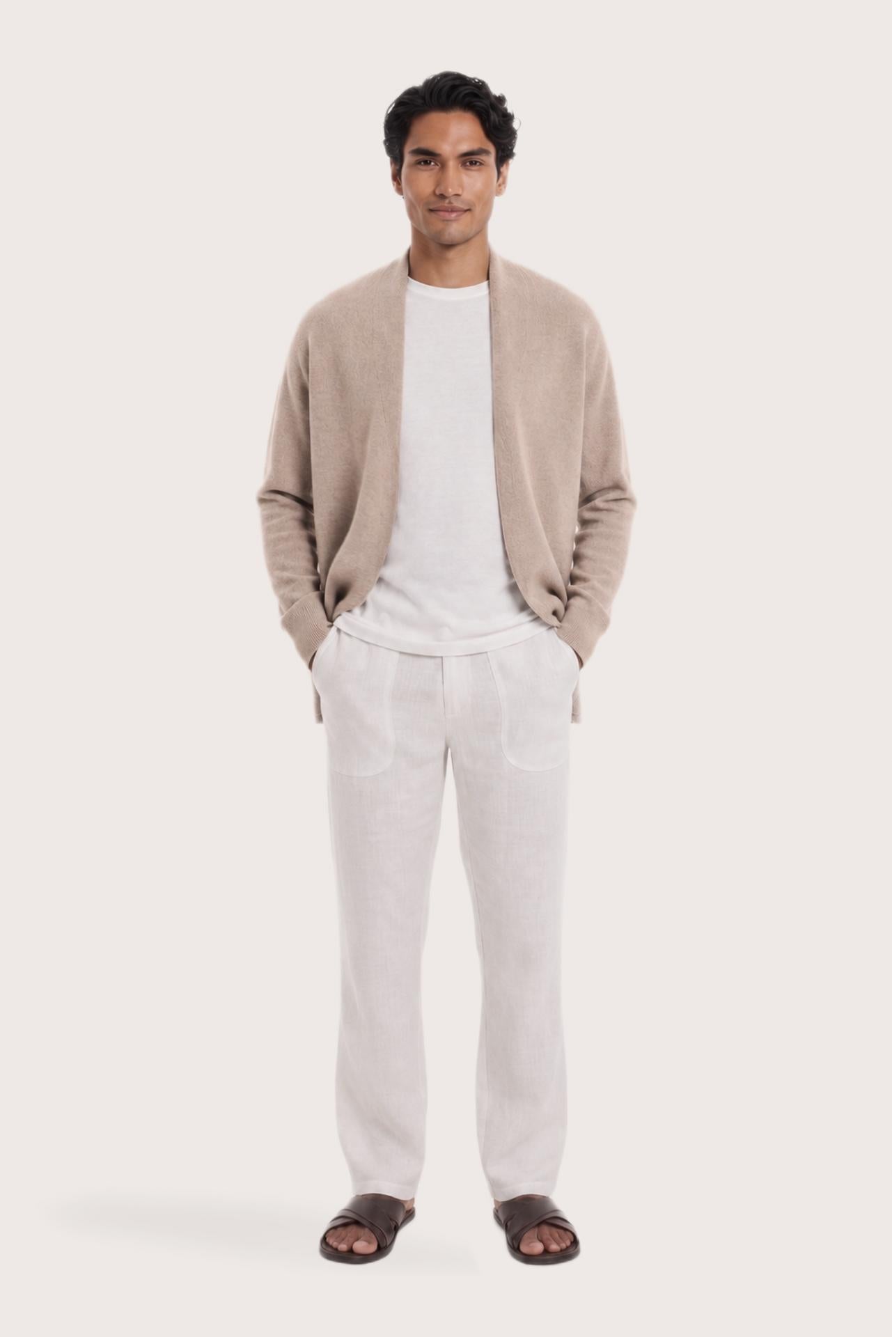 Man wearing the beige cashmere Klarr outerwear by By The Sea Bali