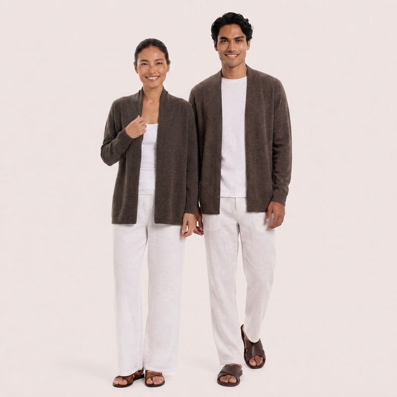 Couple wearing the brown cashmere Klarr outerwear by By The Sea Bali