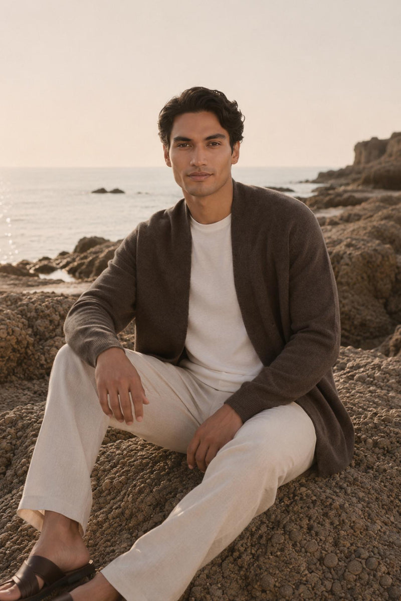 Brown cashmere Klarr outerwear in a tropical resort setting by By The Sea Bali