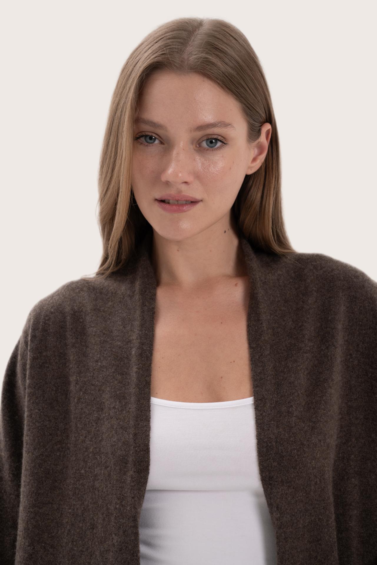 Close-up of the cashmere texture and premium detailing on the grey outerwear