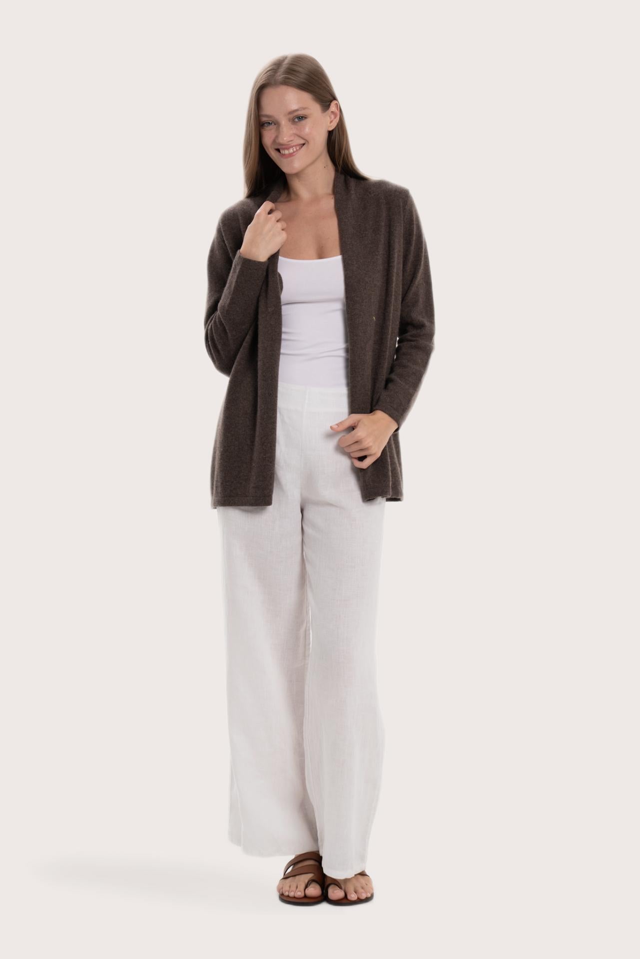Model wearing the grey cashmere Klarr outerwear by By The Sea Bali