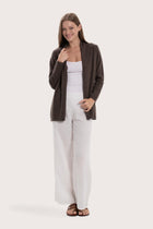Model wearing the grey cashmere Klarr outerwear by By The Sea Bali