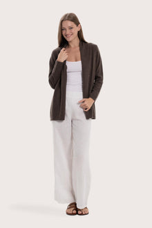 Model wearing the grey cashmere Klarr outerwear by By The Sea Bali