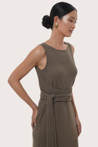 Side profile detail of the Kyra Dress  Brown Grey showcasing its graceful drape and relaxed fit