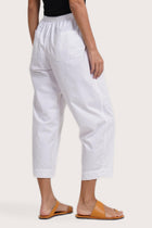 Close up detail of the Ladies Cropped Cotton Pants White highlighting craftsmanship and design features.