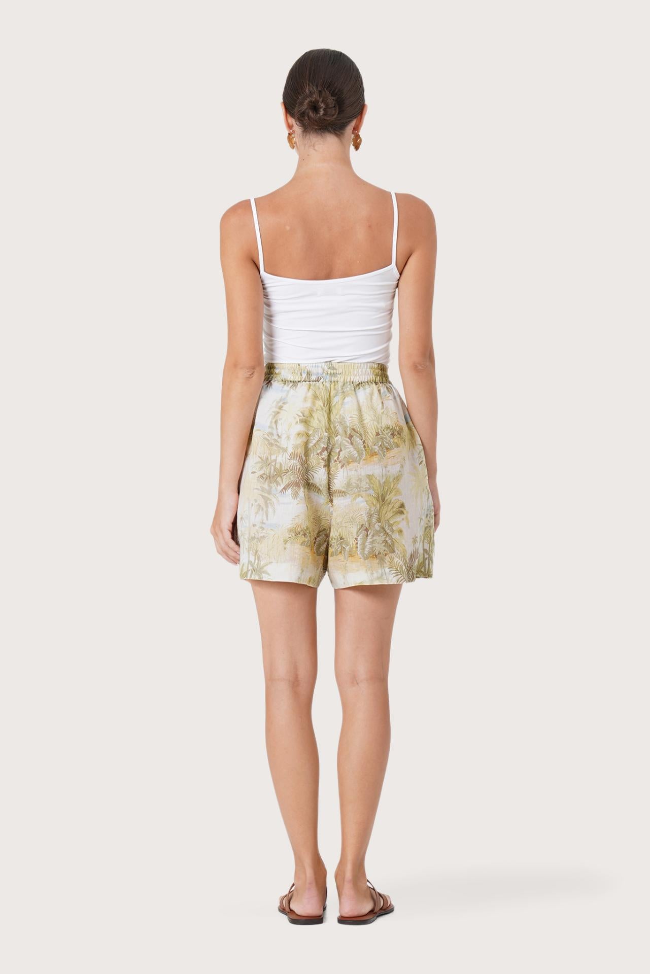 Back view of the Laica Linen Short The island Multicolor White Base highlighting the garment shape and drape
