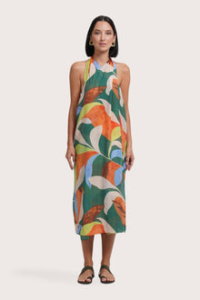 Front view of the Laila Wrap Dress Magical Flora Green showcasing its silhouette and relaxed fit