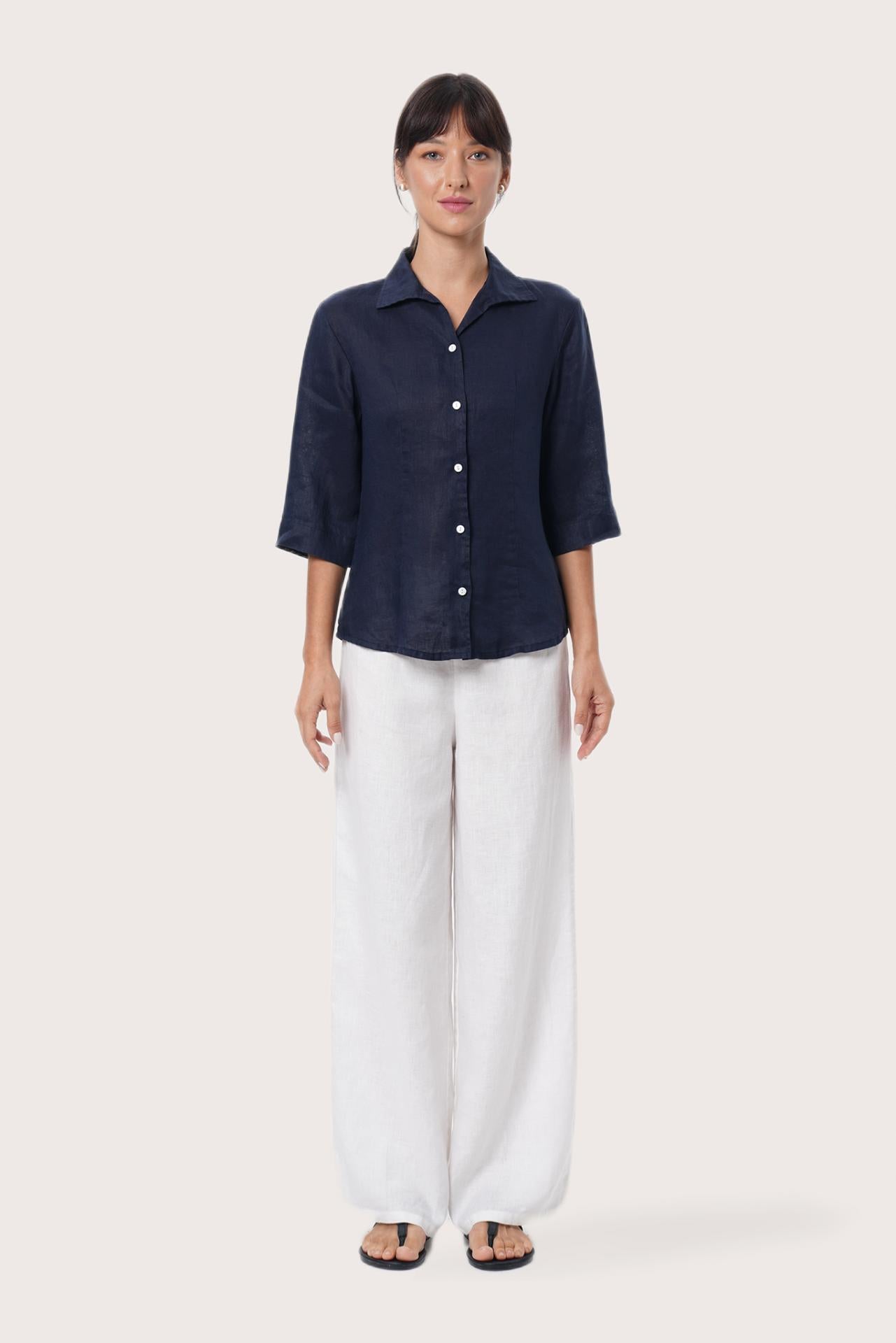 By The Sea Bali Laura Linen Shirt in Navy featuring a relaxed silhouette and timeless resort style for effortless coastal dressing