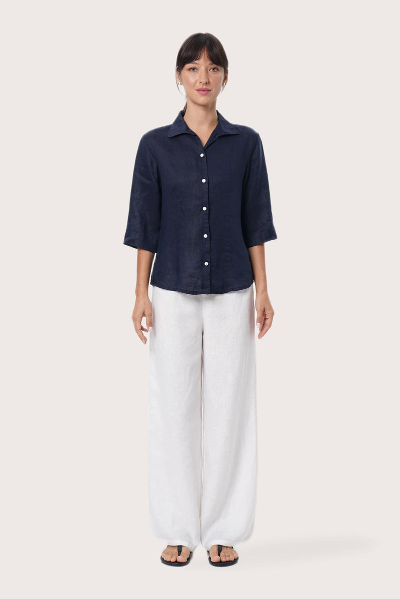 By The Sea Bali Laura Linen Shirt in Navy featuring a relaxed silhouette and timeless resort style for effortless coastal dressing