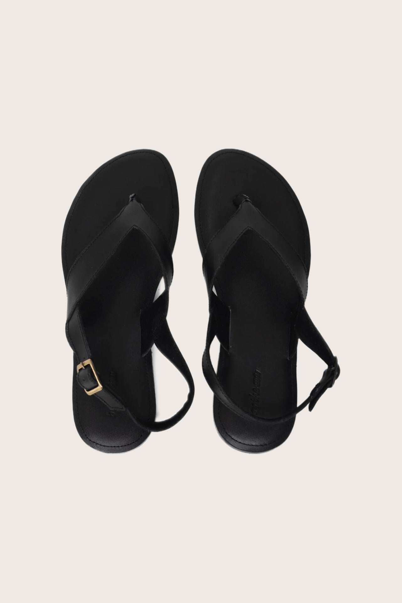 Levi sandal in black shown in a global view highlighting its full silhouette and refined resort design