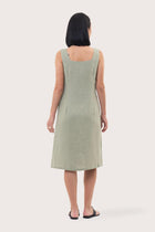 Back view of the Linda Front Button Midi Linen Dress Sage highlighting the garment shape and drape