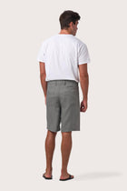 Back view of the grey linen bermuda shorts with a relaxed and tailored silhouette