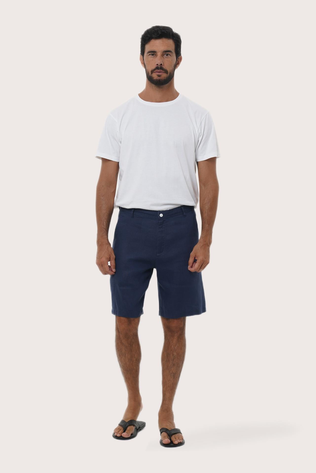 Model wearing the La Brisa linen bermuda shorts by By The Sea Bali