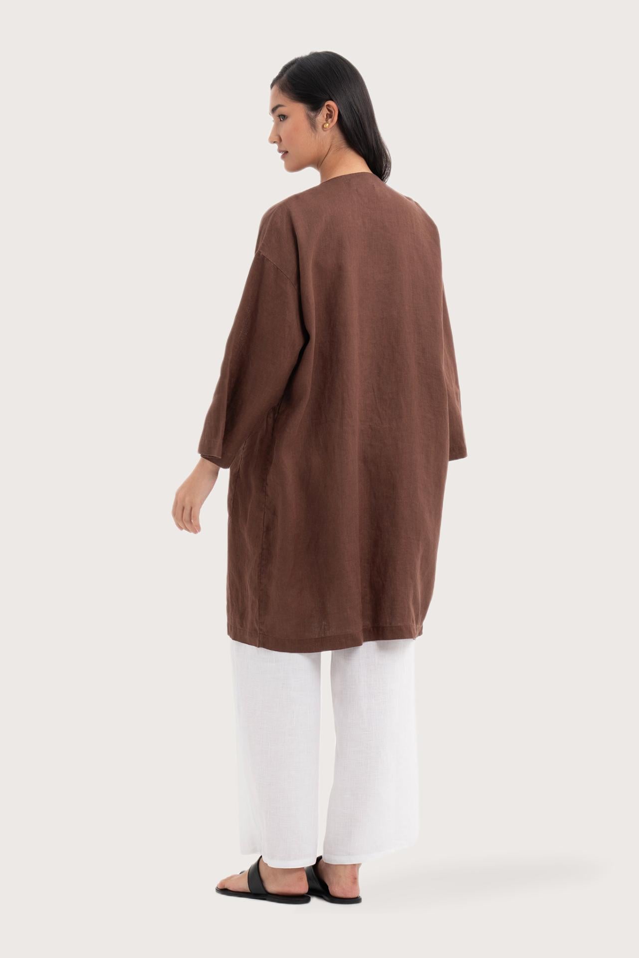 Back view of the Linen Haori Outerwear Mahogany highlighting the garment shape and drape