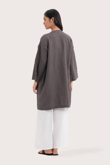 Back view of the Linen Haori Outerwear Stone highlighting the garment shape and drape