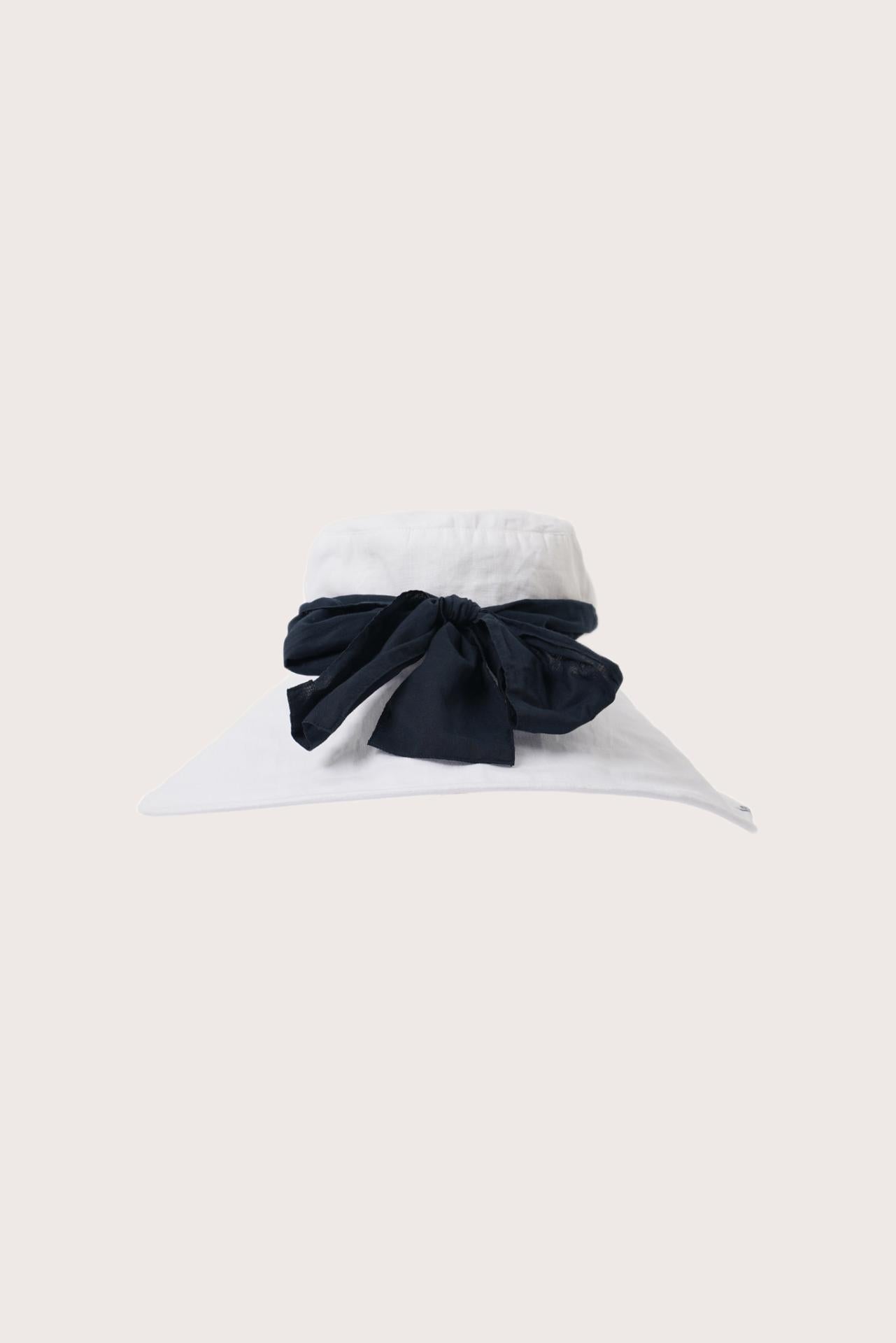 Back view of the Linen Hat With Snood Off White showcasing the flowing snood detail and lightweight design