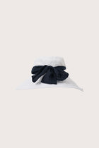 Back view of the Linen Hat With Snood Off White showcasing the flowing snood detail and lightweight design