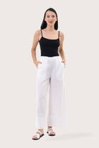 Front view of the Linen Maxi Length Wide Pants White showcasing its silhouette and relaxed fit.