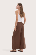 Back view of the choco linen wide-leg pants with a relaxed flowing silhouette