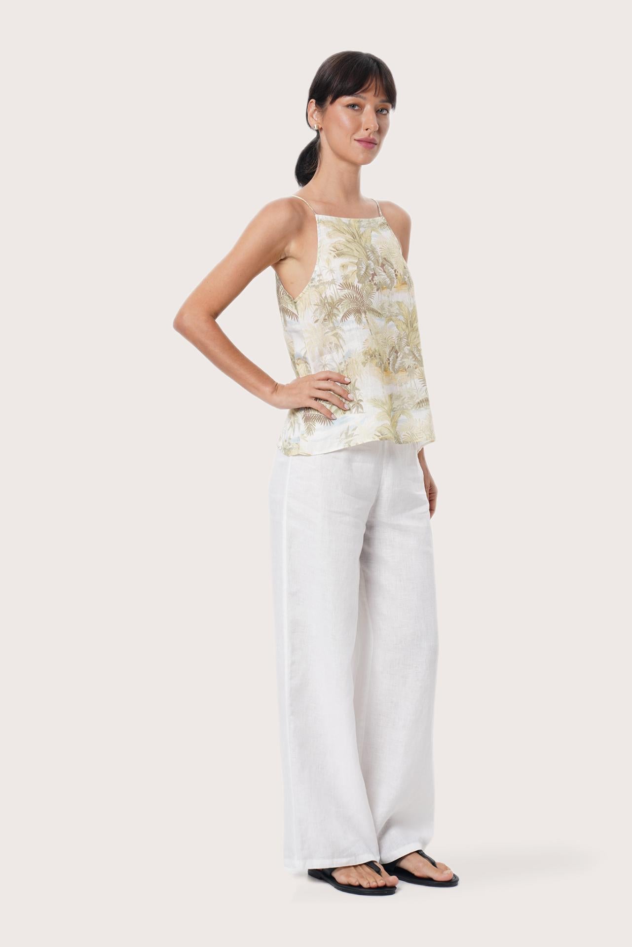 Elegant back view of the Linen Square Top in The Island Multicolor White Base