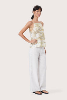 Elegant back view of the Linen Square Top in The Island Multicolor White Base